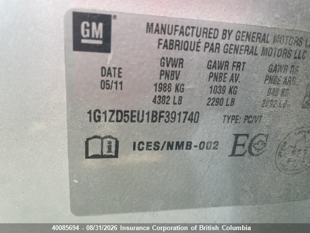 40085694 :رقم المزاد ، 1G1ZD5EU1BF391740 vin ، 2011 Chevrolet Malibu 2lt مزاد بيع