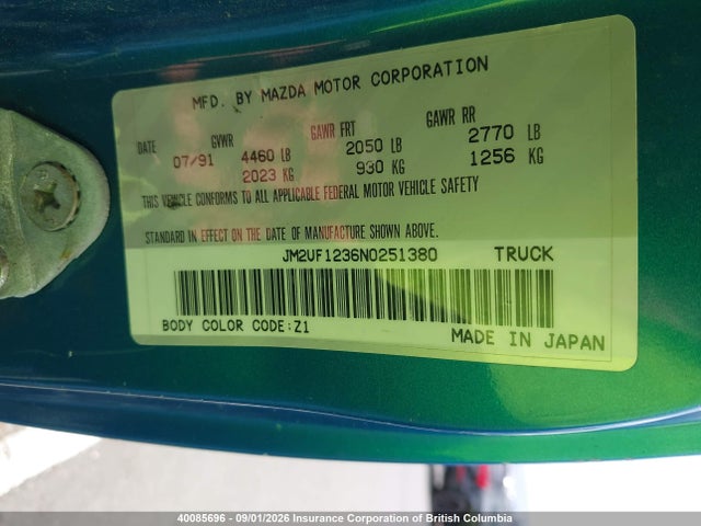Aukcja sprzedaży 1992 Mazda B2200 Short Bed, vin: JM2UF1236N0251380, numer aukcji: 40085696