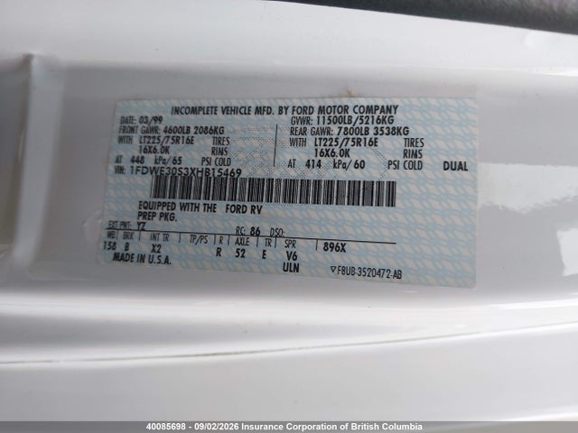 Продаж на аукціоні авто 1999 Ford Econoline E350 Super Duty Ctwy V Rv, vin: 1FDWE30S3XHB15469, номер лоту: 40085698