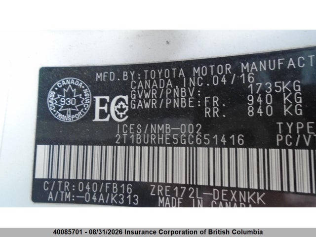 Auction sale of the 2016 Toyota Corolla L/le/le Pls/prm/s/s Pls, vin: 2T1BURHE5GC651416, lot number: 40085701
