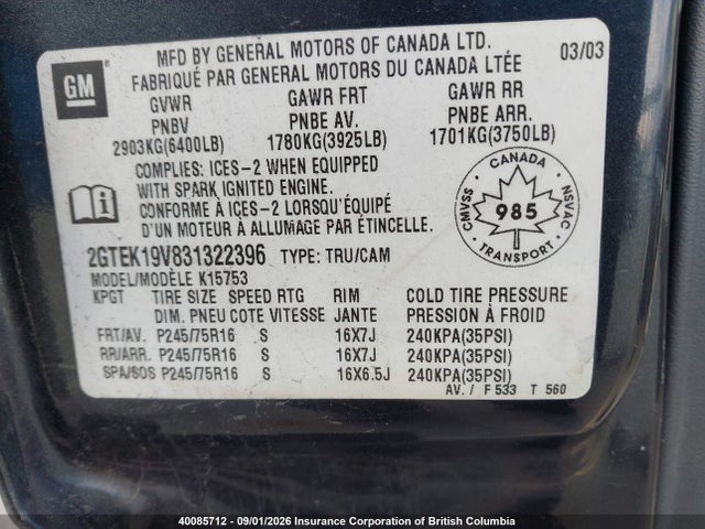 40085712 :رقم المزاد ، 2GTEK19V831322396 vin ، 2003 Gmc Sierra 1500 Sl/sle مزاد بيع