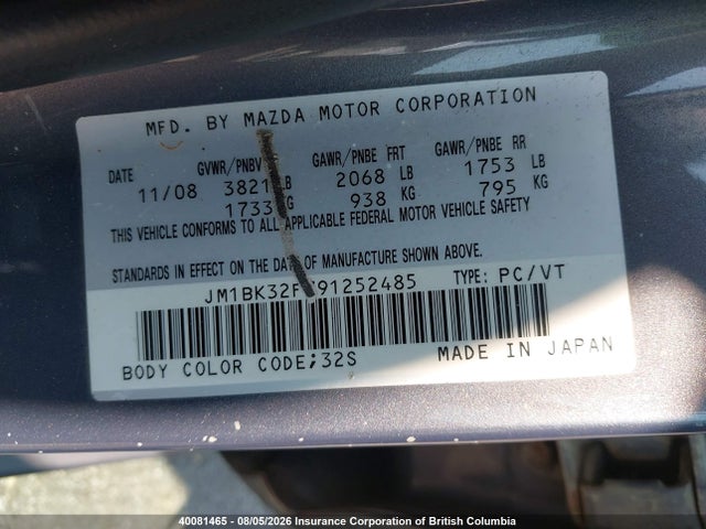 Aukcja sprzedaży 2009 Mazda 3 I, vin: JM1BK32F791252485, numer aukcji: 40081465