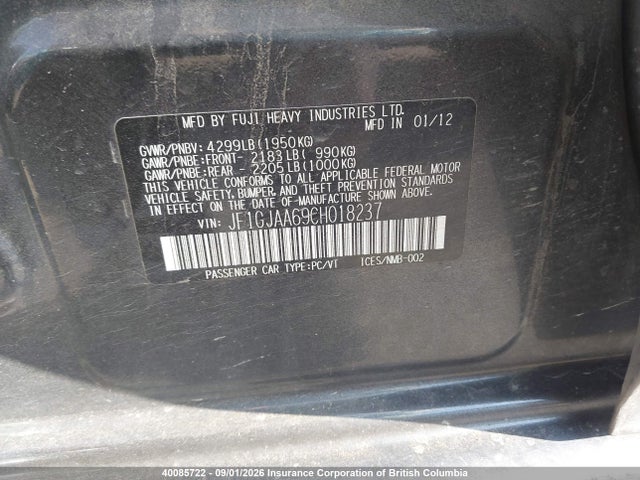 Продаж на аукціоні авто 2012 Subaru Impreza 2.0i, vin: JF1GJAA69CH018237, номер лоту: 40085722