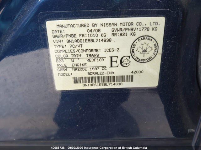 2008 Nissan Sentra 2.0/2.0s/2.0sl მანქანა იყიდება აუქციონზე, vin: 3N1AB61E58L714638, აუქციონის ნომერი: 40085728