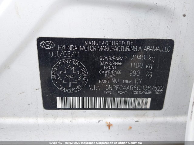 Продажа на аукционе авто 2012 Hyundai Sonata Se/limited, vin: 5NPEC4AB6CH387522, номер лота: 40085742