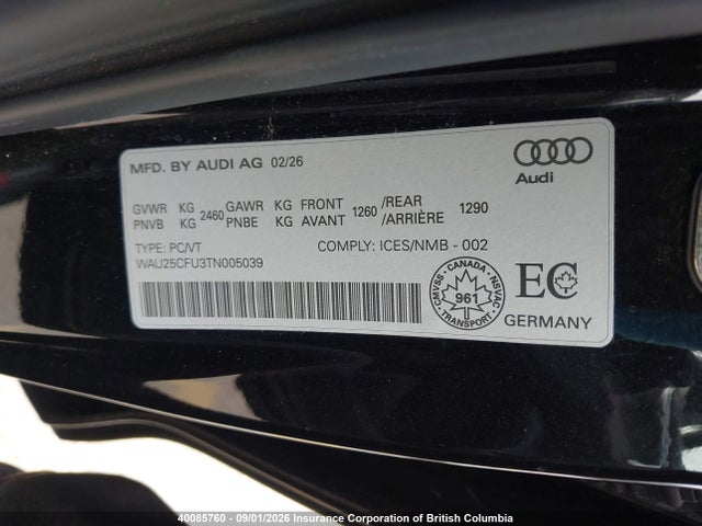 40085760 :رقم المزاد ، WAU25CFU3TN005039 vin ، 2026 Audi S5 مزاد بيع