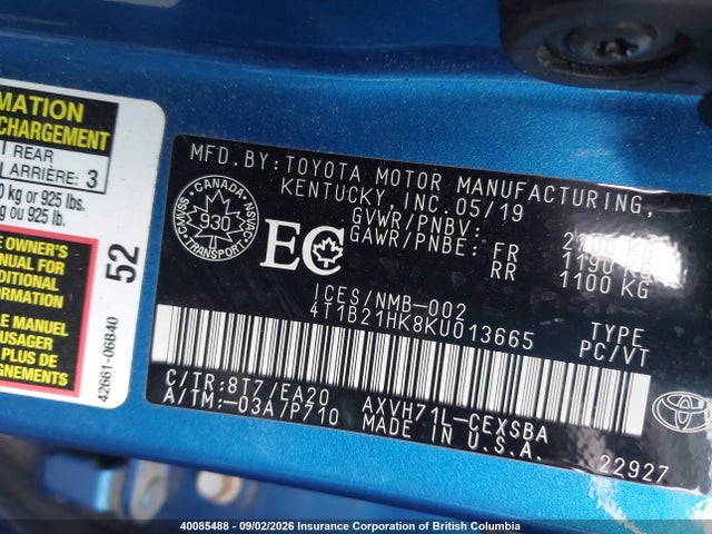 4T1B21HK8KU013665 Toyota Camry Hybrid/le/xle/se