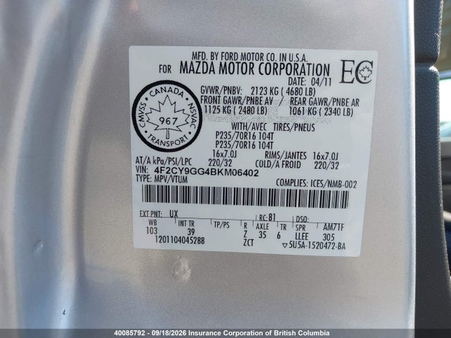 Aukcja sprzedaży 2011 Mazda Tribute S, vin: 4F2CY9GG4BKM06402, numer aukcji: 40085792