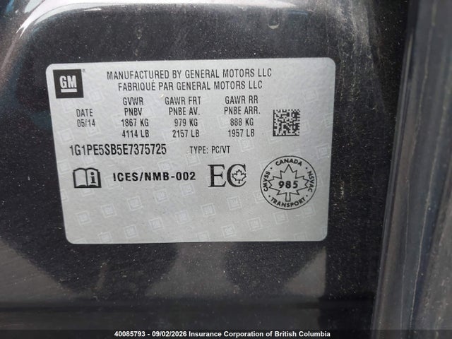 Chevrolet Cruze 2014 1G1PE5SB5E7375725 Image 9