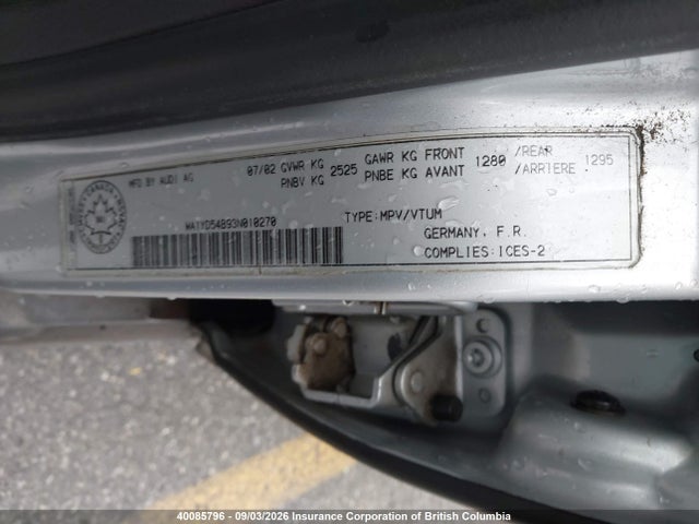 Aukcja sprzedaży 2003 Audi Allroad, vin: WA1YD54B93N010270, numer aukcji: 40085796