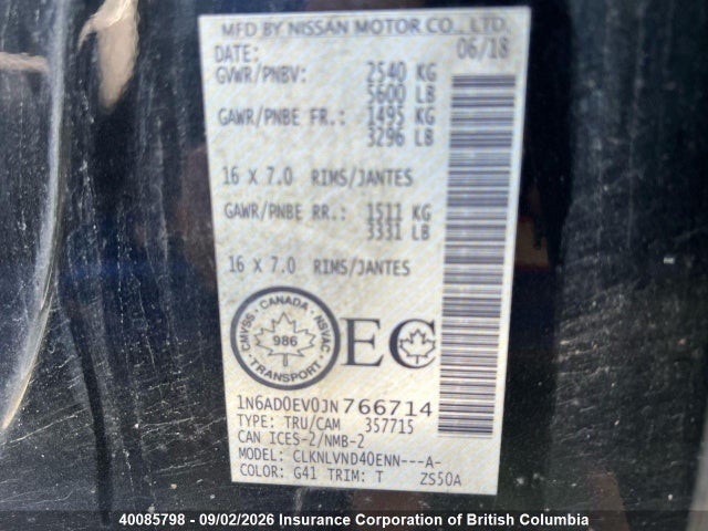 1N6AD0EV0JN766714 Nissan Frontier S/sv/sl/pro-4x