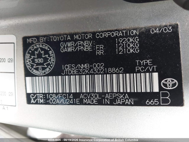 40083605 :رقم المزاد ، JTDBE32K430218862 vin ، 2003 Toyota Camry Le/xle مزاد بيع