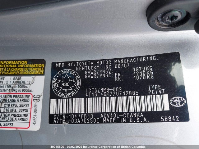 Aukcja sprzedaży 2007 Toyota Camry, vin: 4T1BE46K77U712885, numer aukcji: 40085806