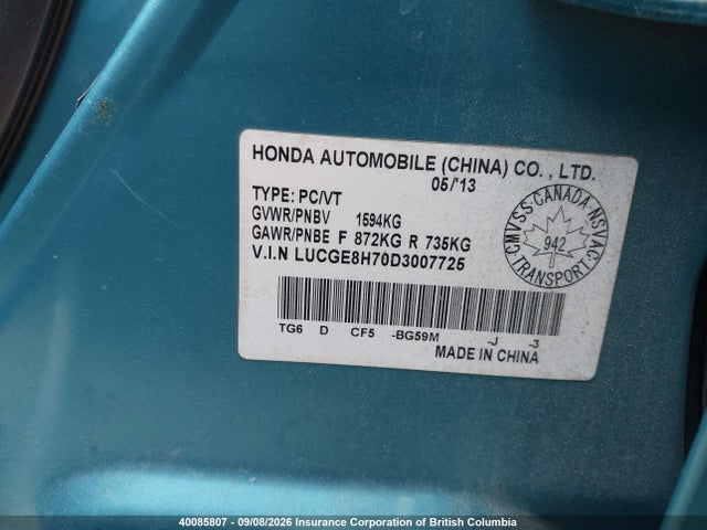 40085807 :رقم المزاد ، LUCGE8H70D3007725 vin ، 2013 Honda Fit مزاد بيع
