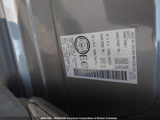 40081505 :رقم المزاد ، 5N1DR3AC3NC234460 vin ، 2022 Nissan Pathfinder S مزاد بيع