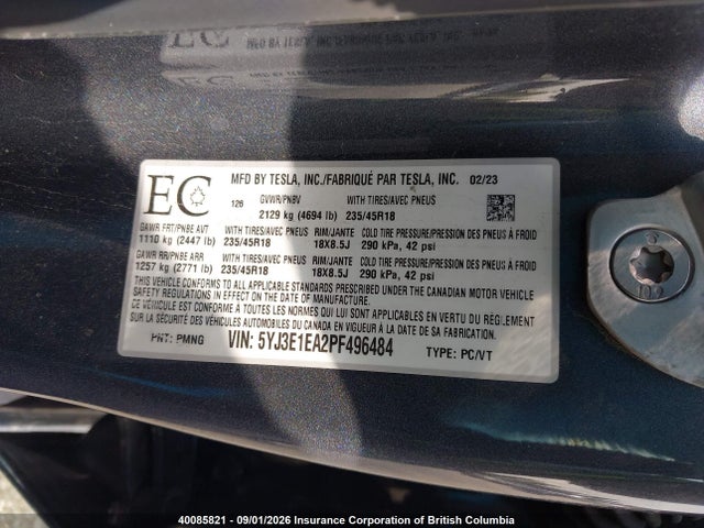 Tesla MODEL 3 2023 5YJ3E1EA2PF496484 Image 9