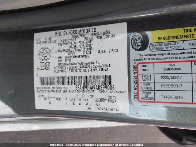 40084968 :رقم المزاد ، 3FAHP0HA9AR299006 vin ، 2010 Ford Fusion Se مزاد بيع