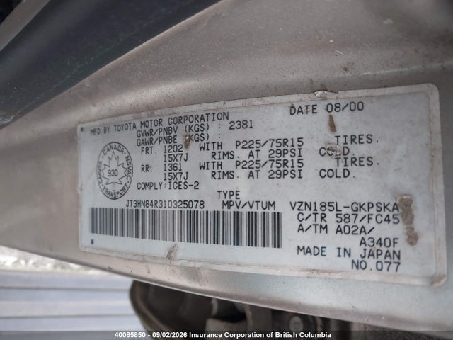 40085850 :رقم المزاد ، JT3HN84R310325078 vin ، 2001 Toyota 4runner مزاد بيع