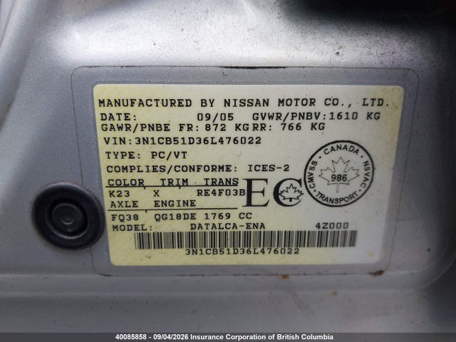 Продаж на аукціоні авто 2006 Nissan Sentra 1.8/1.8s, vin: 3N1CB51D36L476022, номер лоту: 40085858