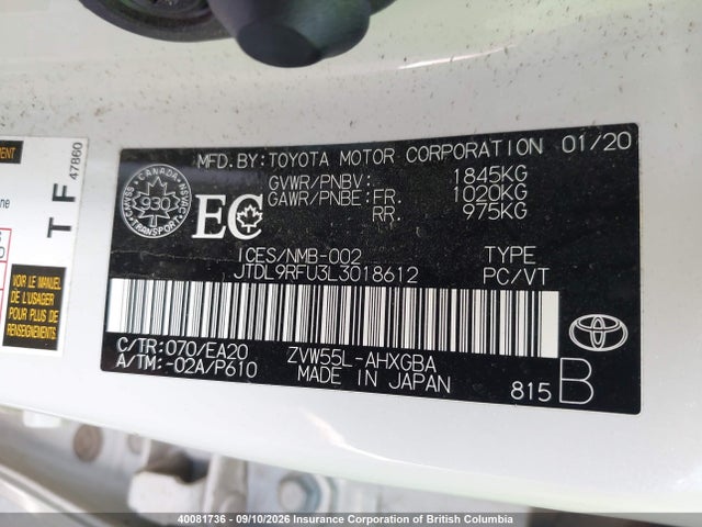 40081736 :رقم المزاد ، JTDL9RFU3L3018612 vin ، 2020 Toyota Prius Le/xle مزاد بيع