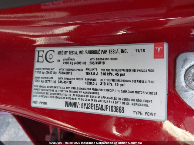 5YJ3E1EA8JF103868 Tesla MODEL 3