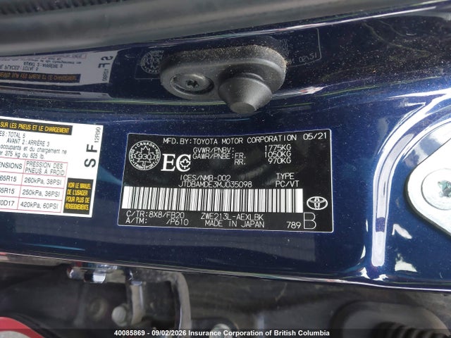 Toyota Corolla 2021 JTDBAMDE3MJ035098 Image 9