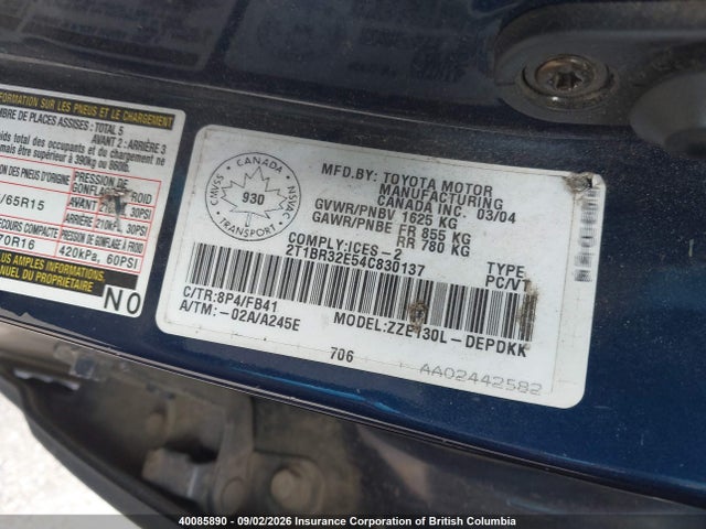 Aukcja sprzedaży 2004 Toyota Corolla Ce/le/s, vin: 2T1BR32E54C830137, numer aukcji: 40085890