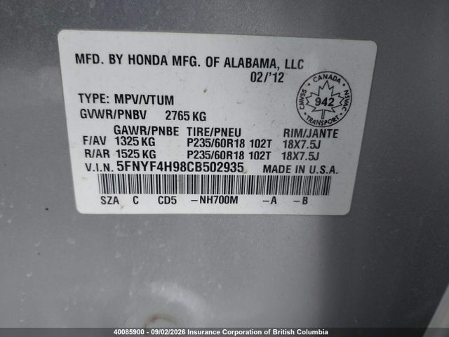 Aukcja sprzedaży 2012 Honda Pilot, vin: 5FNYF4H98CB502935, numer aukcji: 40085900