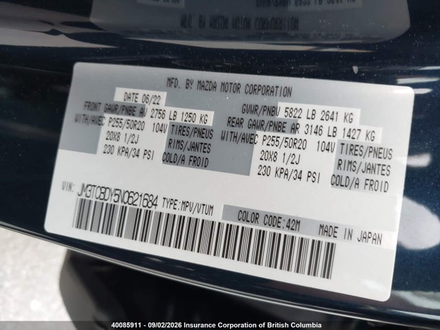 Aukcja sprzedaży 2022 Mazda Cx-9, vin: JM3TCBDY5N0621684, numer aukcji: 40085911