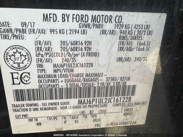 40085924 :رقم المزاد ، MAJ6P1UL2JC161228 vin ، 2018 Ford Ecosport Se مزاد بيع