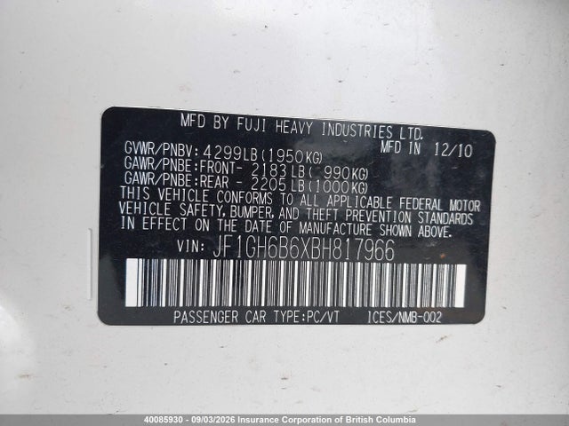 40085930 :رقم المزاد ، JF1GH6B6XBH817966 vin ، 2011 Subaru Impreza 2.5 I Sport Package مزاد بيع