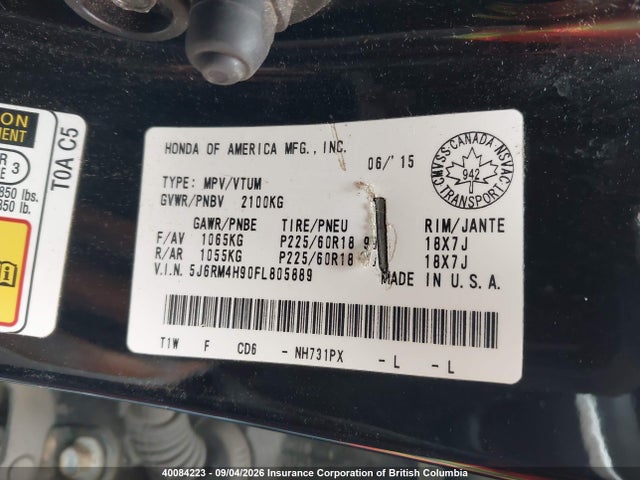Honda Cr-v Touring 2015 5J6RM4H90FL805889 Image 9