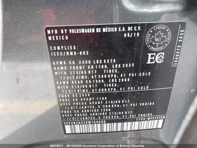 40078511 :رقم المزاد ، 3VV2B7AX2KM150569 vin ، 2019 Volkswagen Tiguan Se/sel/sel R-line Jet-black/sel R-line مزاد بيع