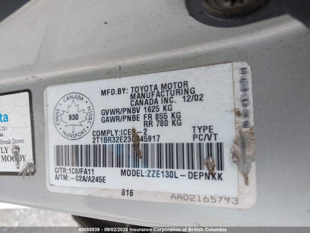 40085939 :رقم المزاد ، 2T1BR32E23C745917 vin ، 2003 Toyota Corolla Ce/le/sport مزاد بيع