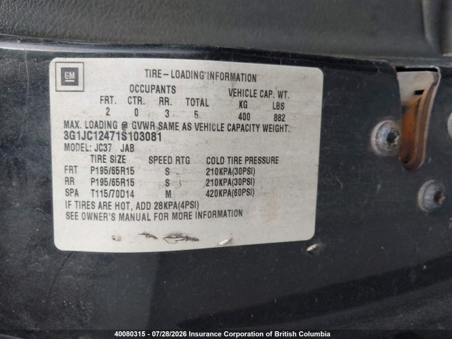 Продаж на аукціоні авто 2001 Chevrolet Cavalier, vin: 3G1JC12471S103081, номер лоту: 40080315