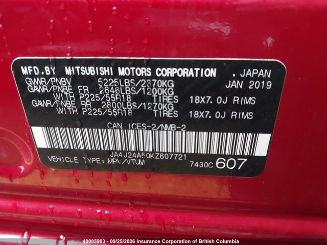 40085903 :رقم المزاد ، JA4J24A50KZ607721 vin ، 2019 Mitsubishi Outlander Sel/gt مزاد بيع