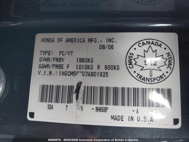40085976 :رقم المزاد ، 1HGCM56707A801925 vin ، 2007 Honda Accord Ex مزاد بيع
