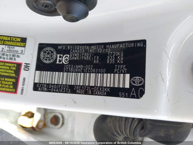 40083845 :رقم المزاد ، 2T1BURHE1EC083100 vin ، 2014 Toyota Corolla L/le/le Pls/prm/s/s Pls مزاد بيع