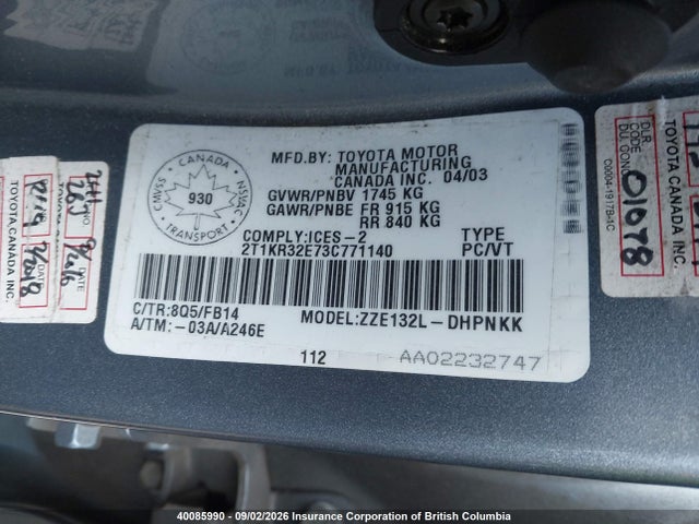 40085990 :رقم المزاد ، 2T1KR32E73C771140 vin ، 2003 Toyota Corolla Matrix Xr مزاد بيع