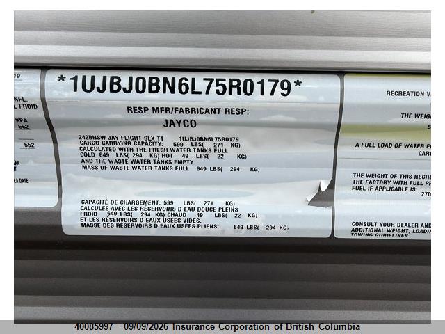 40085997 :رقم المزاد ، 1UJBJ0BN6L75R0179 vin ، 2020 Jayco Jayco مزاد بيع