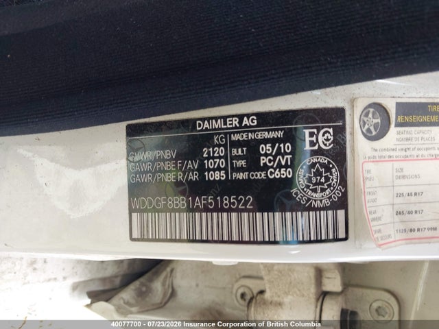 40077700 :رقم المزاد ، WDDGF8BB1AF518522 vin ، 2010 Mercedes-benz C-class مزاد بيع