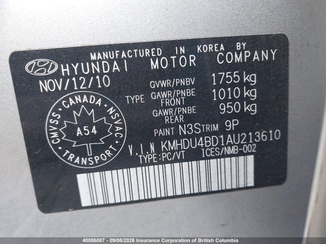 40086007 :رقم المزاد ، KMHDU4BD1AU213610 vin ، 2010 Hyundai Elantra Blue/gls/se مزاد بيع