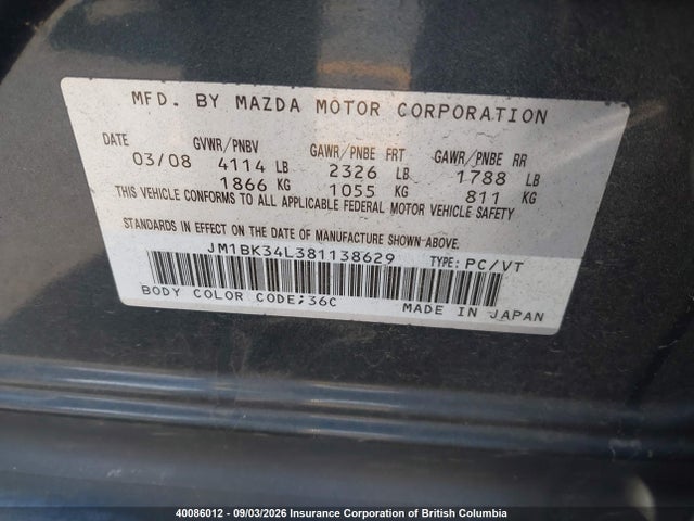 40086012 :رقم المزاد ، JM1BK34L381138629 vin ، 2008 Mazda Speed 3 مزاد بيع