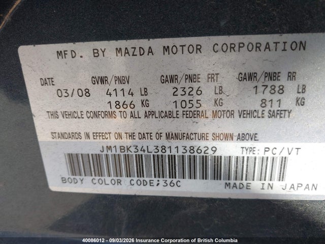 40086012 :رقم المزاد ، JM1BK34L381138629 vin ، 2008 Mazda Speed 3 مزاد بيع