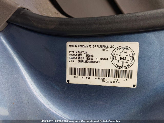 40086032 :رقم المزاد ، 5FNRL38748B502721 vin ، 2008 Honda Odyssey Exl مزاد بيع