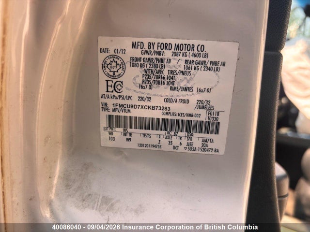 Продажа на аукционе авто 2012 Ford Escape Xlt, vin: 1FMCU9D7XCKB73283, номер лота: 40086040