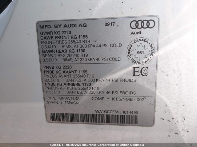 40084471 :رقم المزاد ، WA1GCCFS9JR014499 vin ، 2018 Audi Q3 2.0t Technik مزاد بيع