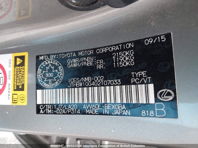 40086047 :رقم المزاد ، JTHBW1GG4G2107033 vin ، 2016 Lexus Es 300h 300h مزاد بيع