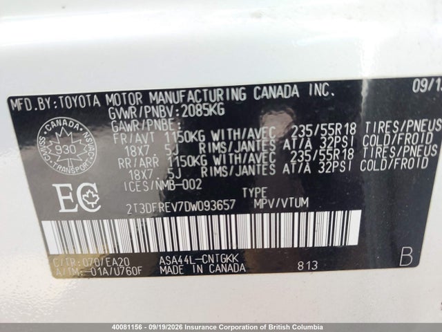 40081156 :رقم المزاد ، 2T3DFREV7DW093657 vin ، 2013 Toyota Rav4 Limited مزاد بيع