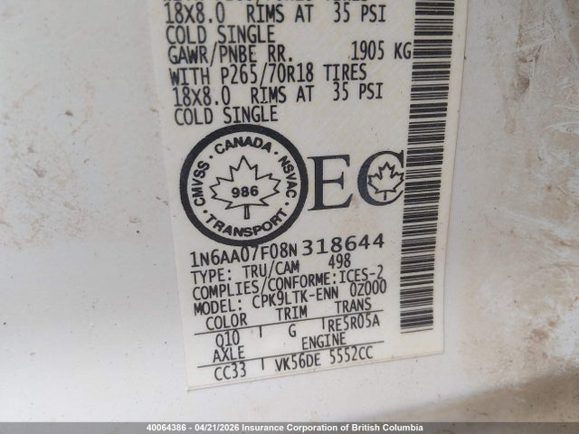 2008 Nissan Titan Xe/se/le/pro-4x მანქანა იყიდება აუქციონზე, vin: 1N6AA07F08N318644, აუქციონის ნომერი: 40064386